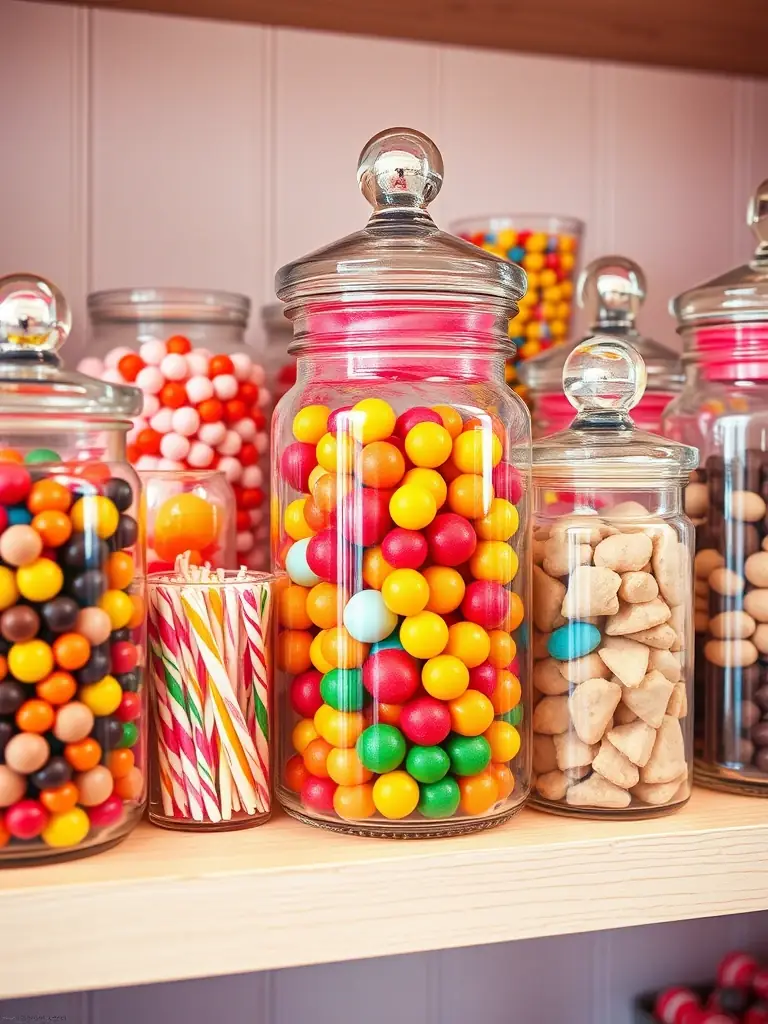 A vibrant display of colorful candies and sweets in glass jars at 7 día Merkatua, enticing customers with a variety of flavors and textures.