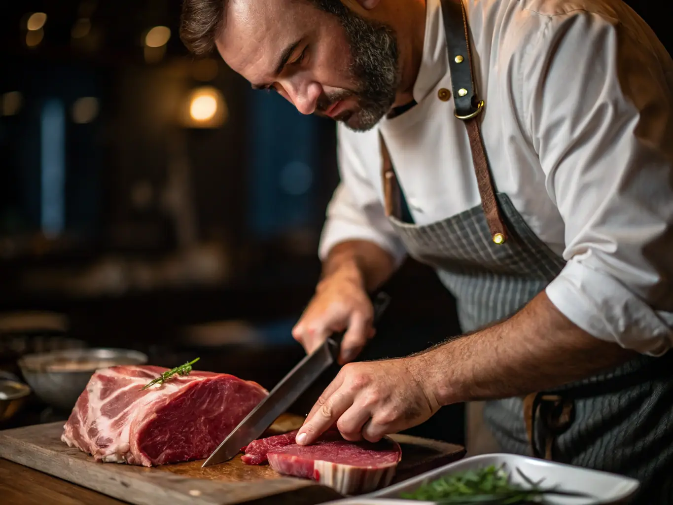 A close-up shot of a butcher expertly preparing a cut of fresh beef behind the counter at 7 día Merkatua, showcasing the quality and care taken in handling the meat.