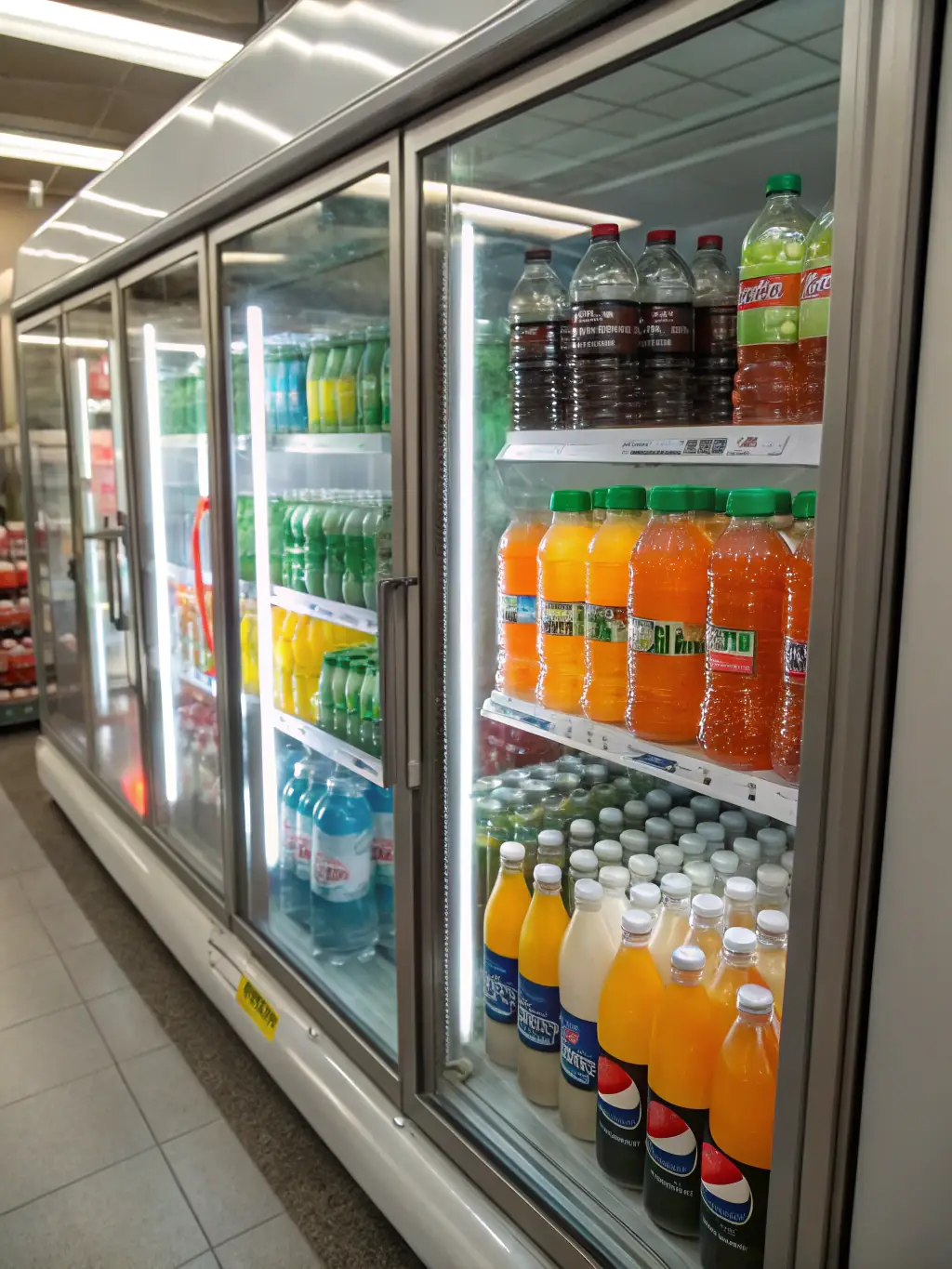 A well-stocked refrigerated display case featuring a variety of refreshing beverages, including soft drinks, juices, and bottled water at 7 día Merkatua.