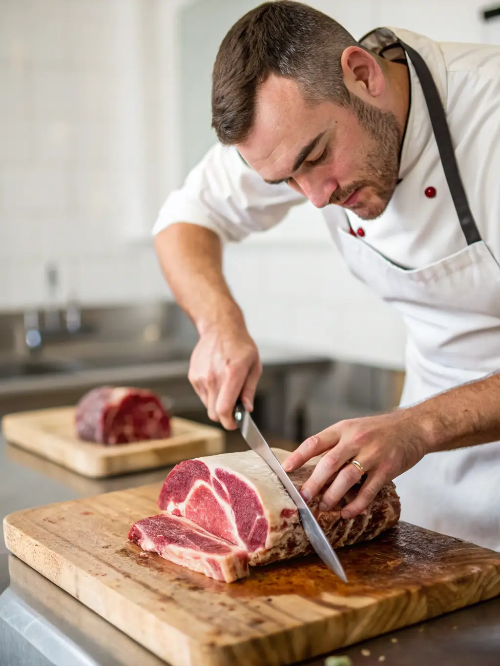 A close-up shot of a butcher expertly slicing a cut of beef in 7 día Merkatua, showcasing the freshness and quality of the meat.
