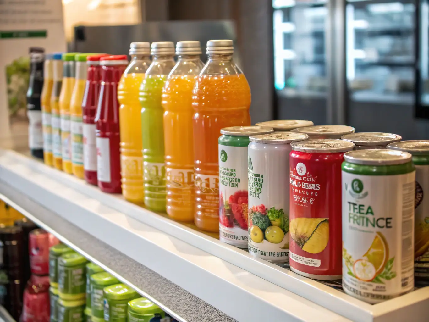 A well-organized refrigerated section at 7 día Merkatua, showcasing a variety of beverages including soft drinks, juices, and bottled water, all neatly arranged and chilled.