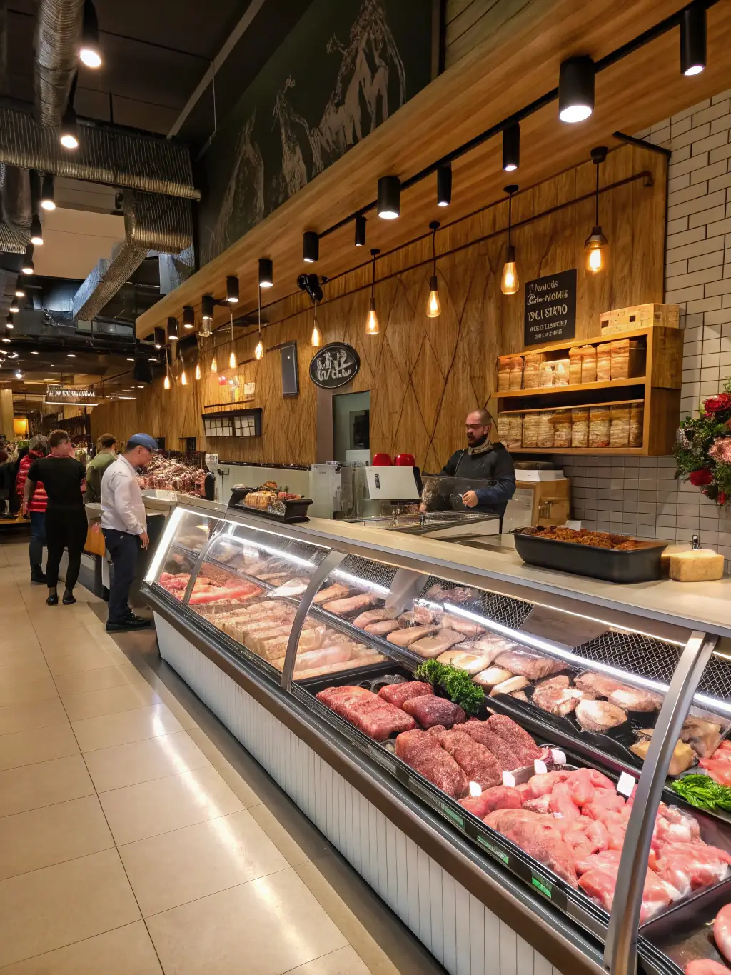 A vibrant photograph capturing a selection of fresh cuts of beef, pork, and chicken displayed in a refrigerated case at 7 día Merkatua, highlighting the quality and variety of meats available.