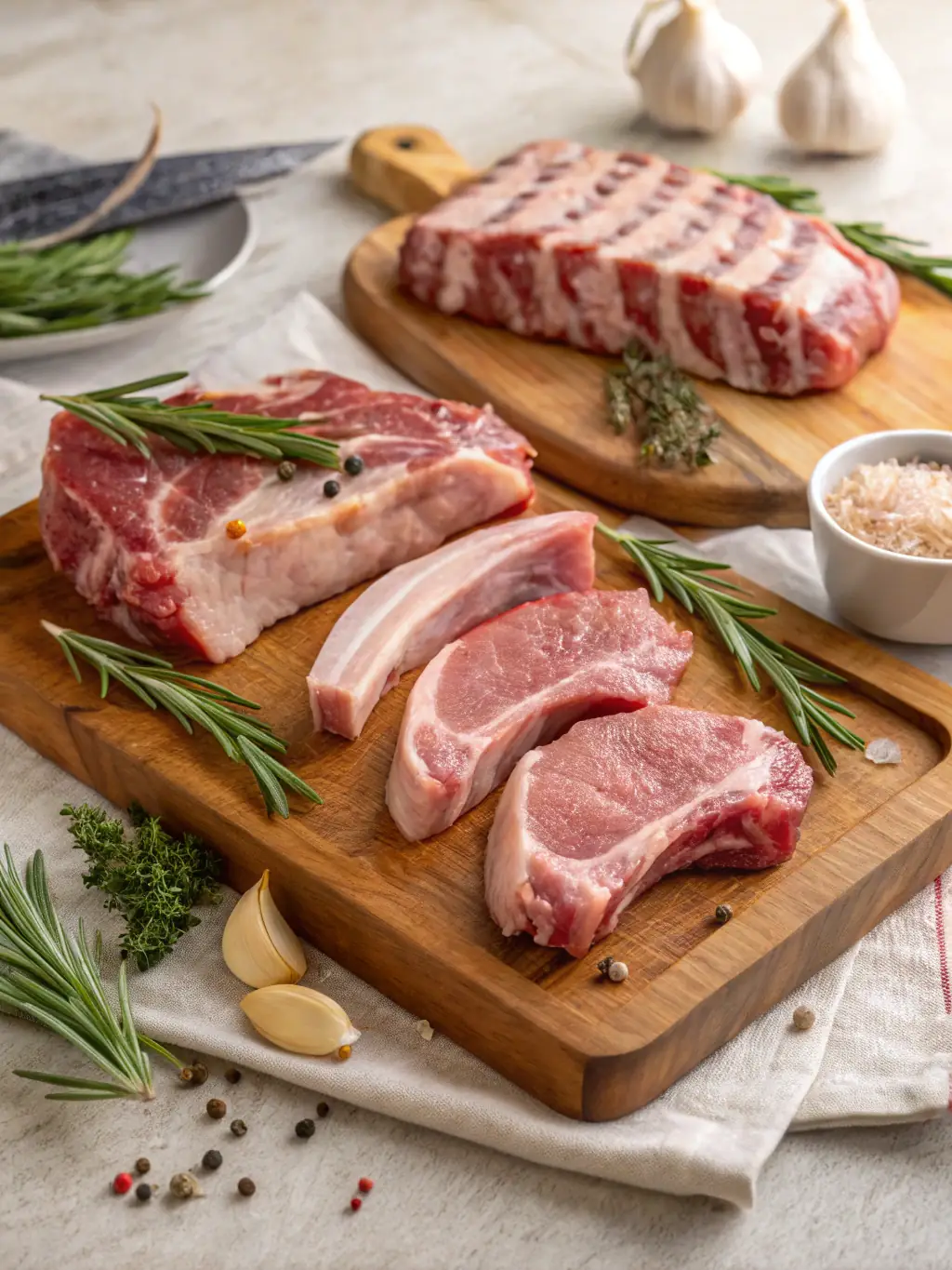 A display of various cuts of fresh pork arranged neatly in the store's refrigerated section, emphasizing the freshness and quality at 7 día Merkatua.