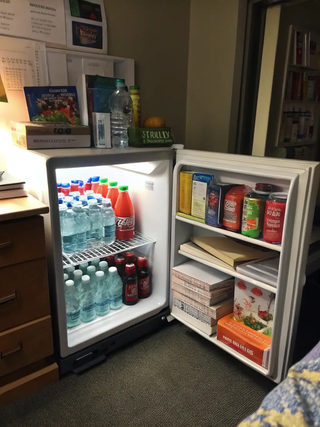 A well-stocked refrigerator with a variety of beverages, including sodas, juices, and bottled water, at 7 día Merkatua.
